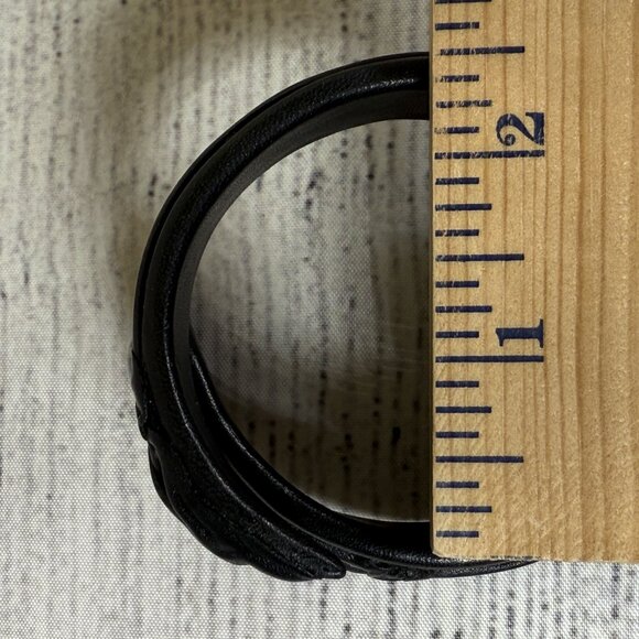 Handmade Black Sculpted Leather Bracelet Adjustable Cuff with Round Plastic Dome - Picture 6 of 6